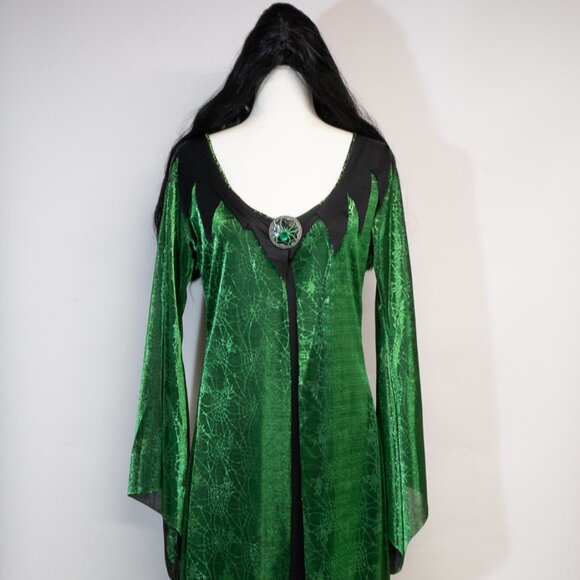 Spider Diva Black & Green Halloween Long Coat and Dress w/Long Black Wig - Picture 1 of 6